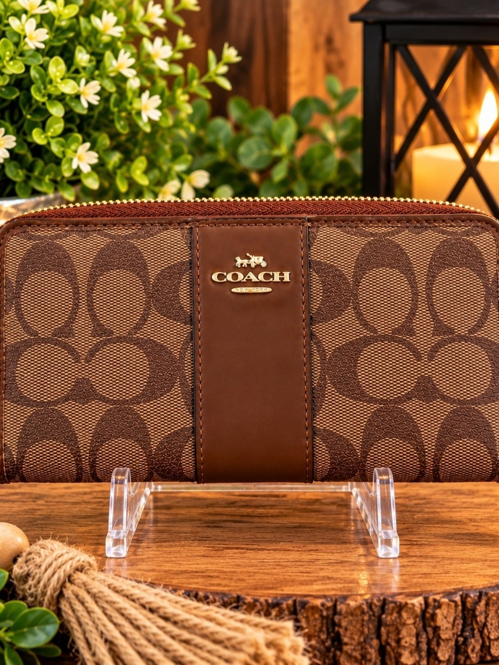 COACH ACCORDION  SIGNATURE Zip-Around Wallet with Leather Trim